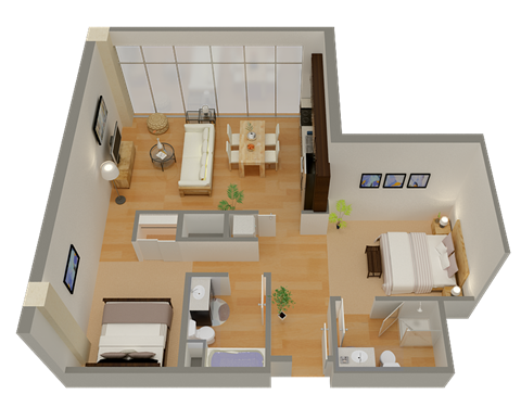 Floor plan for 2 beds, 2 baths, 944 sqft